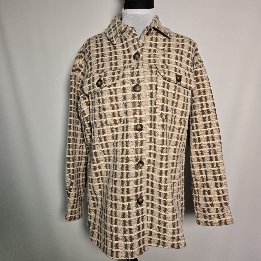 Hem & Thread Checkered Tweed Shacket Brown Jacket Small Plaid Button Front NWT - Picture 2 of 7